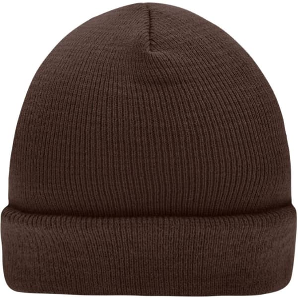 A brown knitted beanie with a ribbed texture and a turned-up cuff. It features a logo on the side.