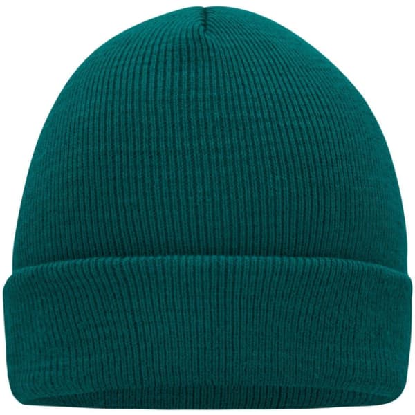 A knitted beanie in a teal colour, featuring a ribbed texture and a folded cuff. It has a logo on it.