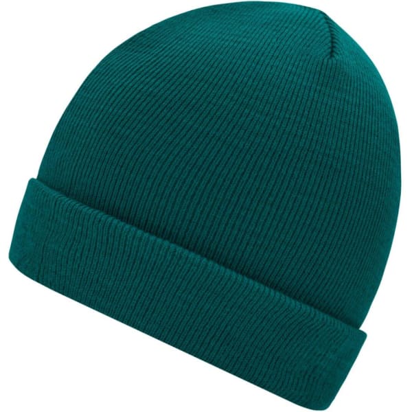 A teal knitted beanie with a ribbed texture and a folded cuff. It features a logo on the side.
