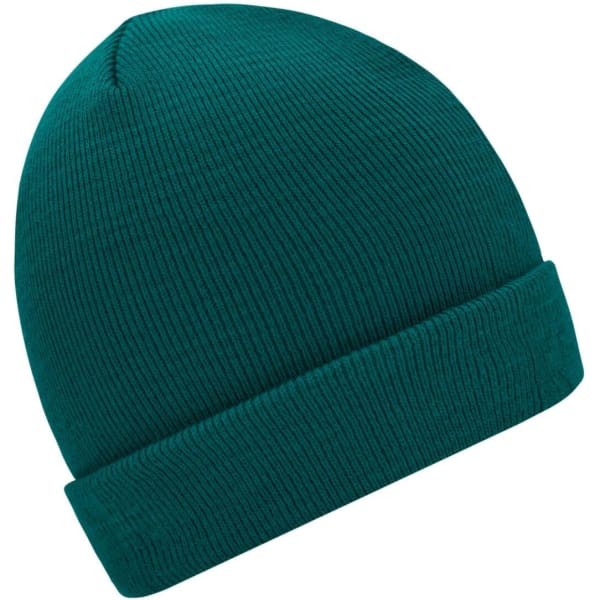 A knitted beanie in a vibrant teal colour, featuring a rolled brim. It has a branding logo.