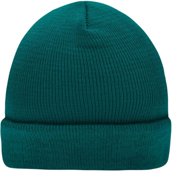 A knitted beanie in teal, featuring a textured ribbed pattern and a turned-up cuff. It has a logo on the side.