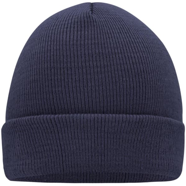 A knitted beanie in navy blue featuring a ribbed texture and a rolled cuff, with a logo on the side.