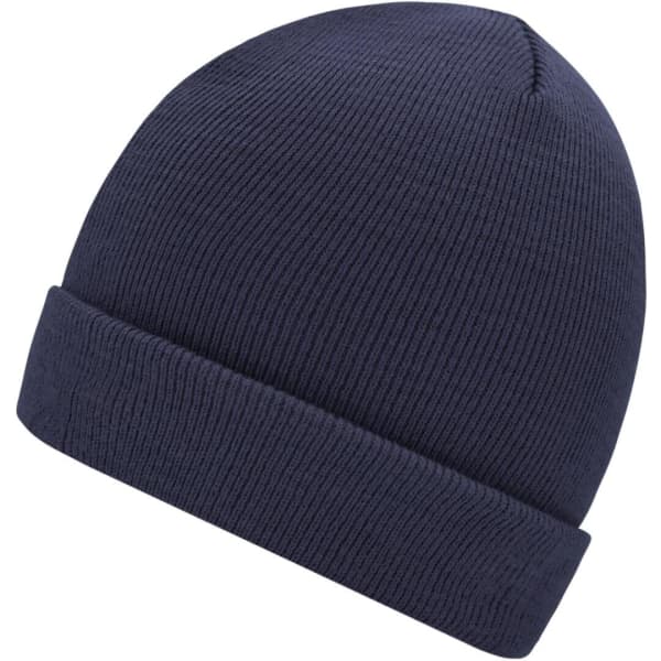 A knitted beanie in a dark navy colour, featuring a ribbed texture and a fold-up cuff. It has a logo on it.