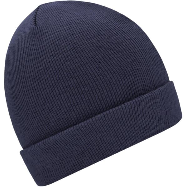 A navy knitted beanie with a ribbed texture and a folded cuff. It has a logo on one side.