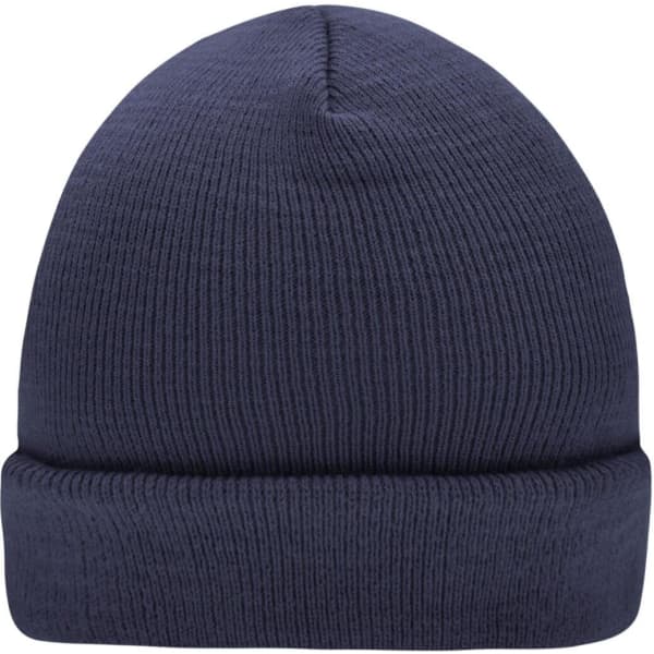 A knitted beanie in navy blue with a ribbed texture and a folded cuff at the bottom.