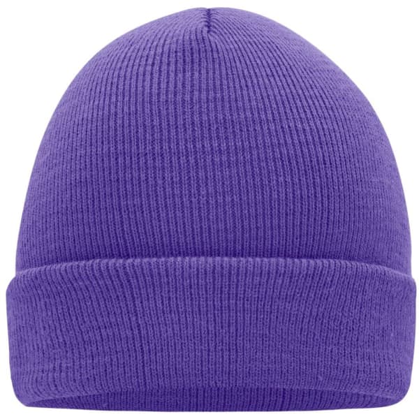 A purple knitted beanie featuring a folded cuff and a textured design. It includes a branding logo.