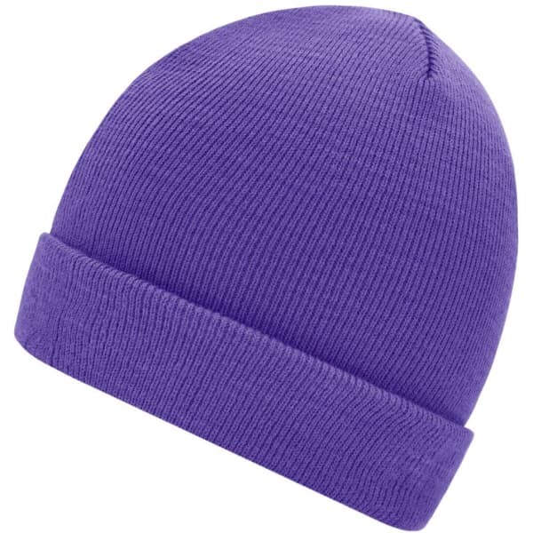 A purple knitted beanie with a rolled cuff design. The hat has a seamless, textured appearance and a logo.