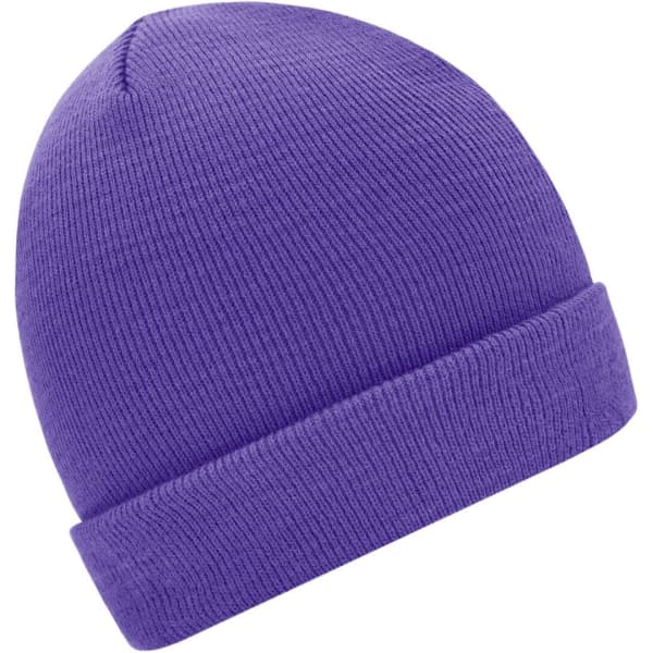 A purple knitted beanie with a folded brim and a textured finish. It features a logo on the side.