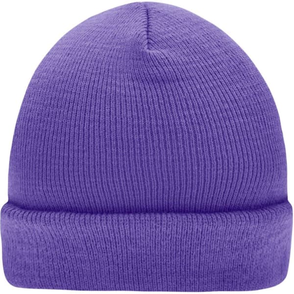A purple knitted beanie with a folded brim, featuring a logo on the side.