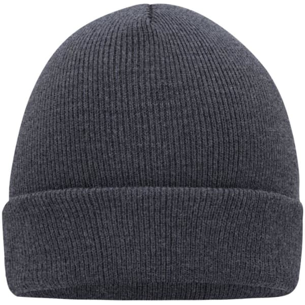 A knitted beanie in dark grey yarn with a ribbed texture and a fold-up cuff.
