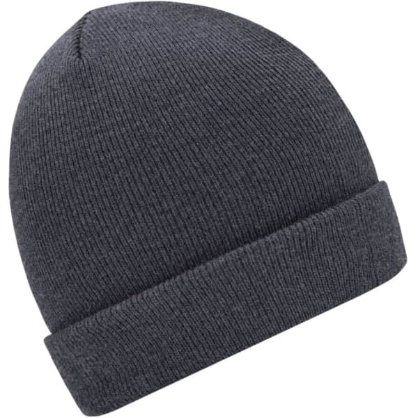 A grey knitted beanie with a folded cuff. The beanie has a simple, textured design and features a logo.