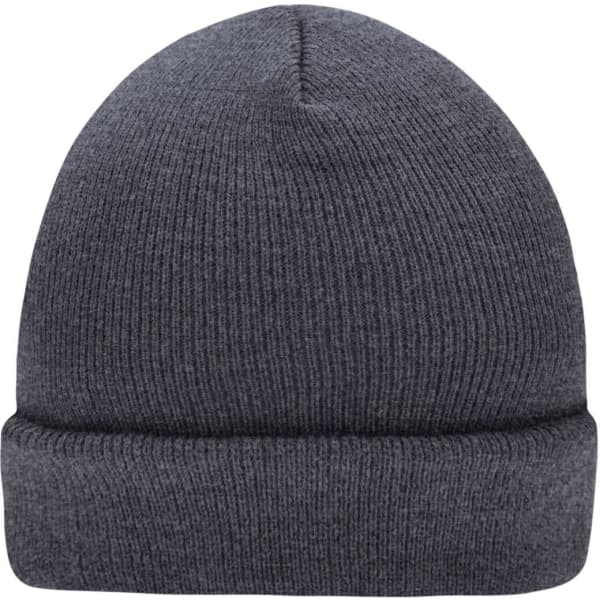 A grey knitted beanie with a rolled cuff and ribbed texture, featuring a logo.