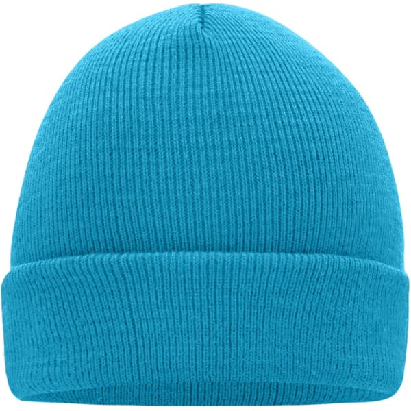 A knitted beanie in bright blue with a ribbed design and a folded cuff. It features a logo on the side.