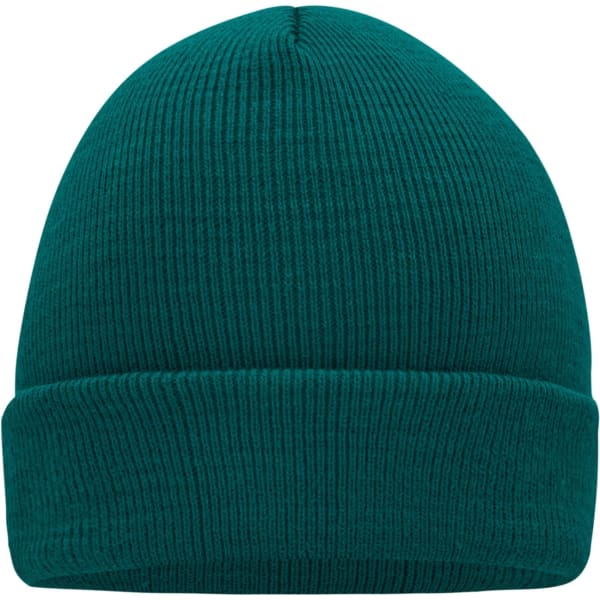 A teal knitted beanie with a ribbed texture and a folded cuff, featuring a logo.