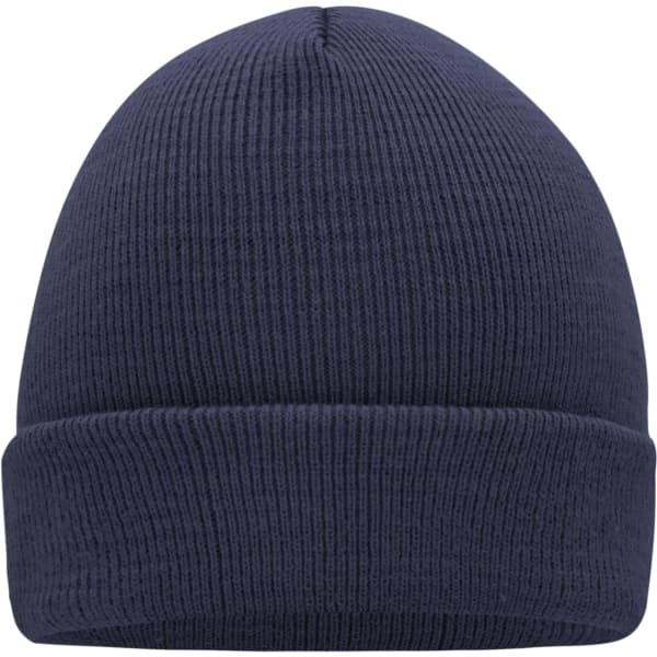 A navy knitted beanie with a ribbed texture and a folded cuff, featuring a logo.