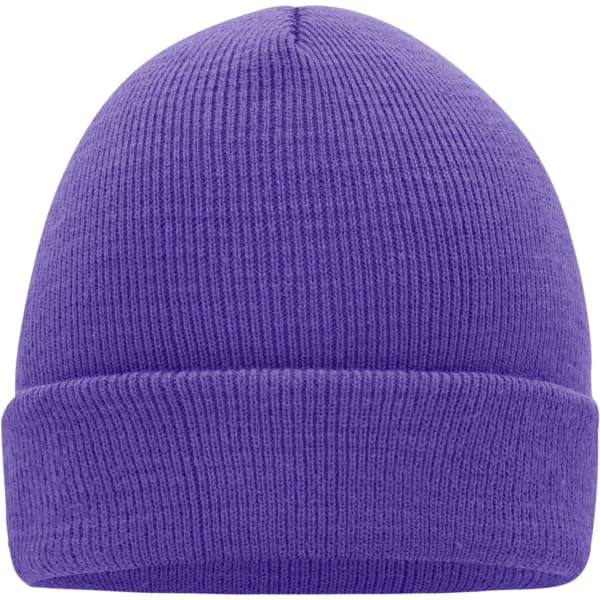 A purple knitted beanie with a folded cuff and ribbed texture. Features branding on the inside.