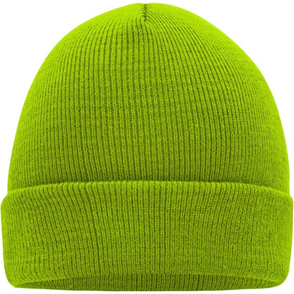 A knitted beanie in bright green, featuring a folded cuff and a smooth texture. It has a logo on it.