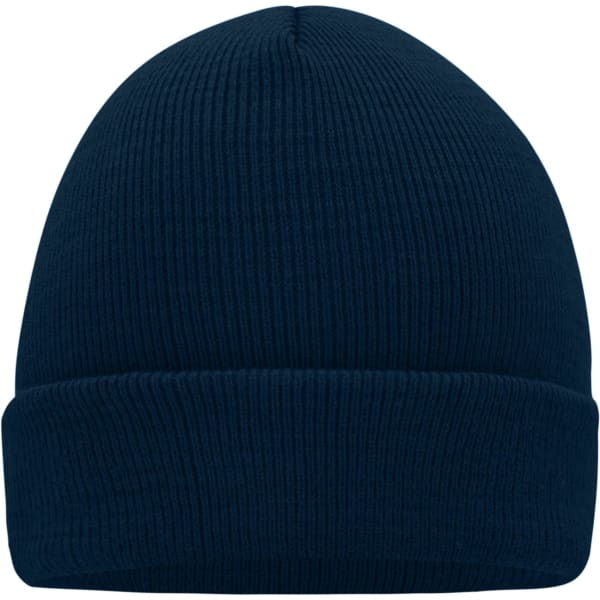 A knitted beanie in navy blue with a ribbed texture and a fold-up cuff. It features a logo.