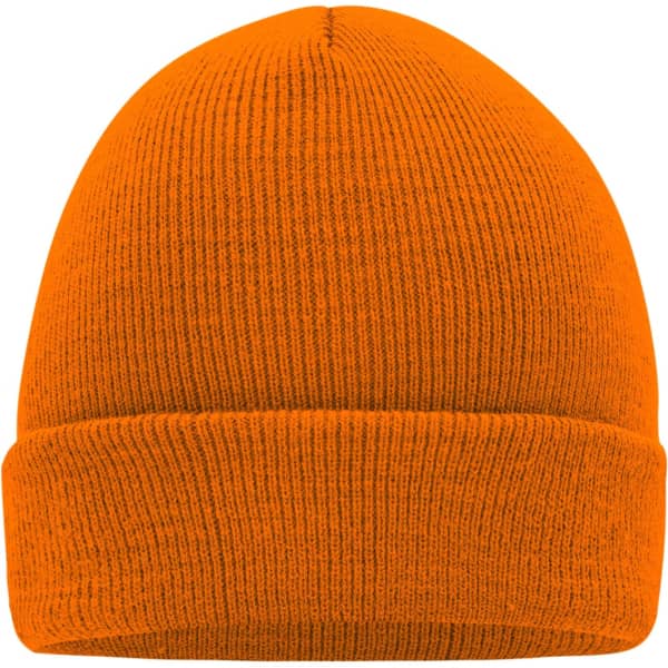An orange knitted beanie with a ribbed texture and a folded hem. It features a simple design with no visible logos.