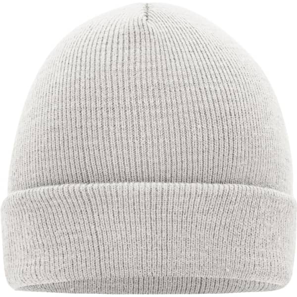 A grey knitted beanie featuring a rolled cuff and a simple design. It has a logo on the side.