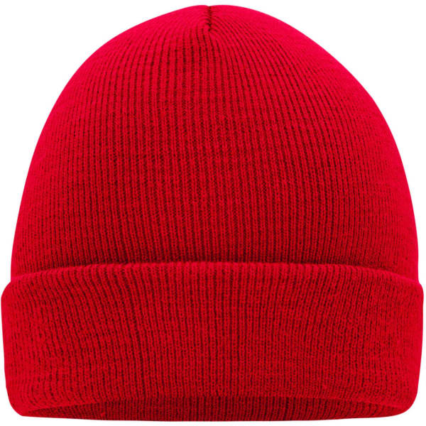 A red knitted beanie with a ribbed texture and folded cuff, featuring a logo.