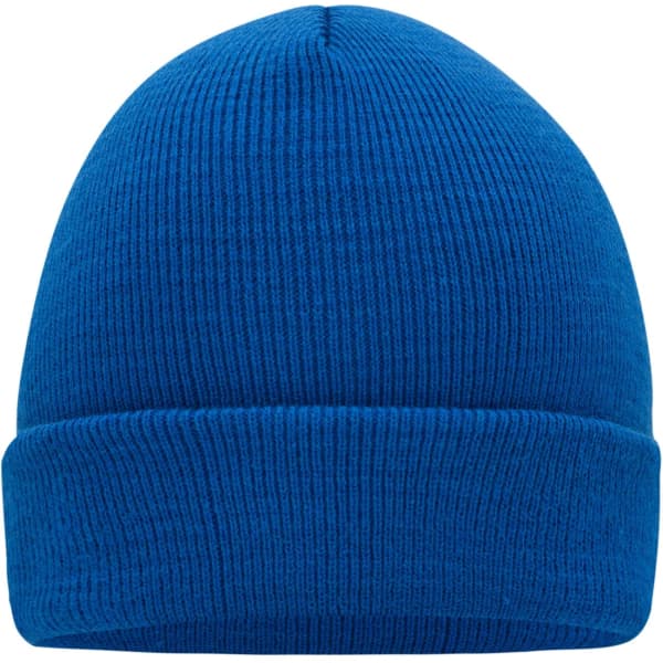 A knitted beanie in vibrant blue with a ribbed texture and a folded cuff. It features a logo on the side.