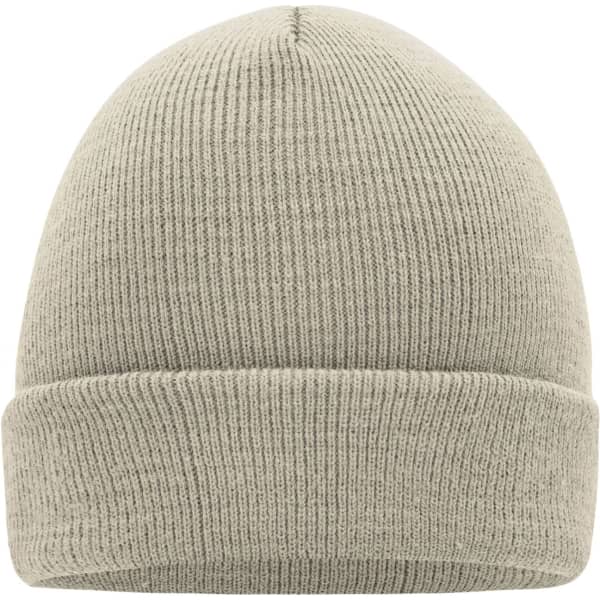 A knitted beanie in a light grey colour with a folded cuff. It features a simple design and has a logo.