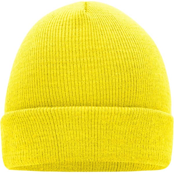 A bright yellow knitted beanie with a folded cuff, featuring a simple design and a logo on the side.
