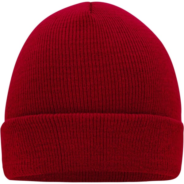 A red knitted beanie with a ribbed texture and a folded cuff. It features a logo on the side.