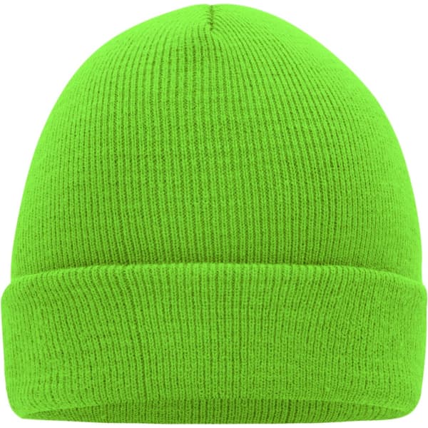 A knitted beanie in vibrant green, featuring a fold-over cuff and a plain design with a logo.