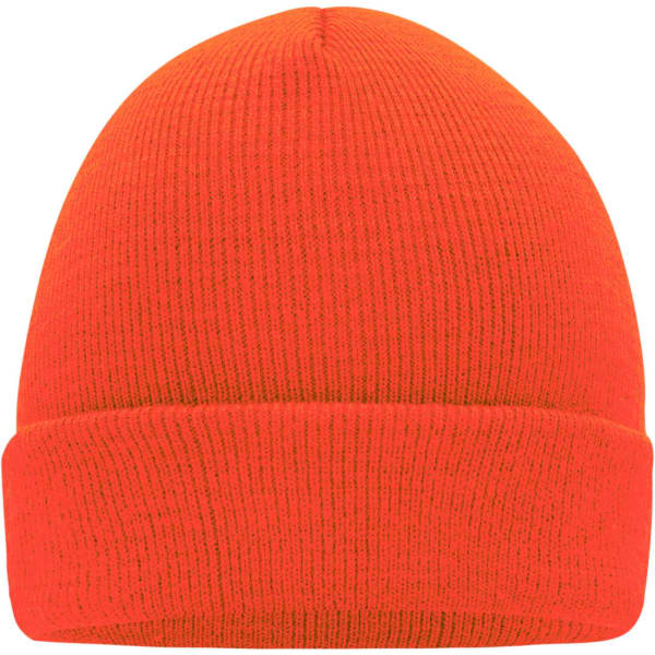 An orange knitted beanie with a folded cuff and textured pattern. It features a logo on the side.