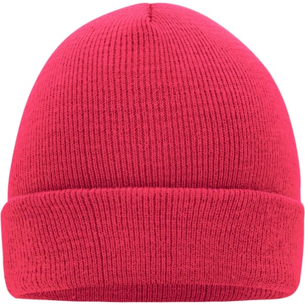 A knitted beanie in bright pink, featuring a folded brim and a textured finish. It has a logo on the side.