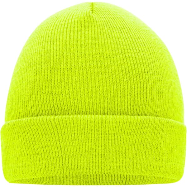 A knitted beanie in bright fluorescent yellow with a folded cuff, featuring a logo on the side.