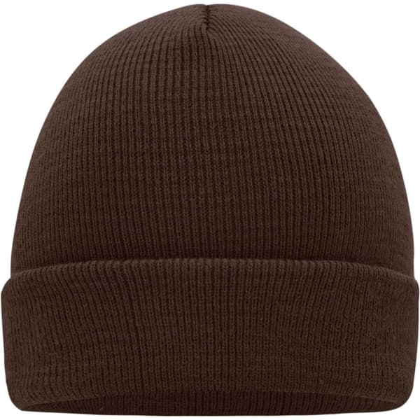A brown knitted beanie with a folded cuff and ribbed texture, featuring a logo.