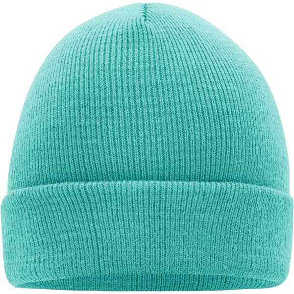 A knitted beanie in a vibrant teal colour with a folded cuff and a plain design.