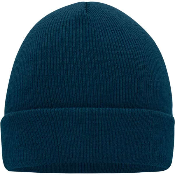 A knitted beanie in a deep teal colour with a ribbed texture and a fold-up cuff.