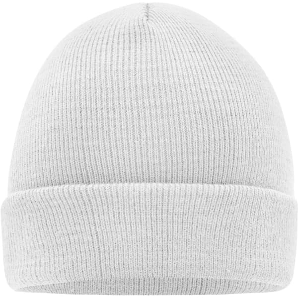 A knitted beanie in soft grey, featuring a fold-up cuff. It has a simple design with a logo on one side.