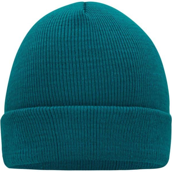 A knitted beanie in a vibrant teal colour, featuring a ribbed texture and a folded cuff.