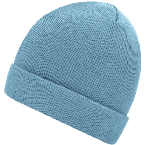 A knitted beanie in a light blue colour with a folded cuff and a seamless design.