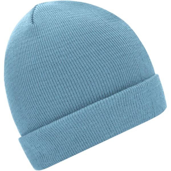 A blue knitted beanie with a folded brim, featuring a simple design and a logo.