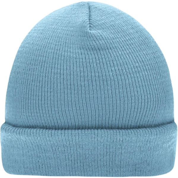 A knitted beanie in a light blue colour with a rolled-up cuff and textured fabric. Features a logo on the side.