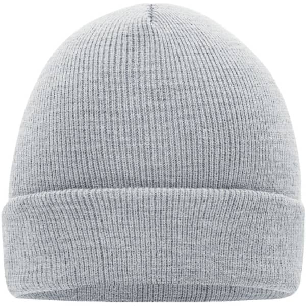 A grey knitted beanie with a rolled cuff and a textured pattern, featuring a logo.