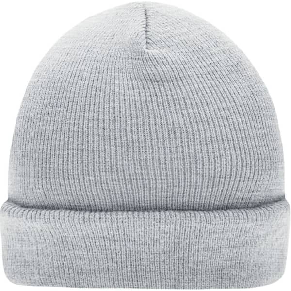 A knitted beanie in a light grey colour, featuring a folded cuff and a subtle texture. It has a logo on the side.