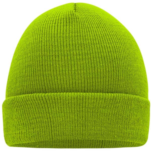 A knitted beanie in vibrant green, featuring a folded cuff and a textured finish. Contains branding on the inside.