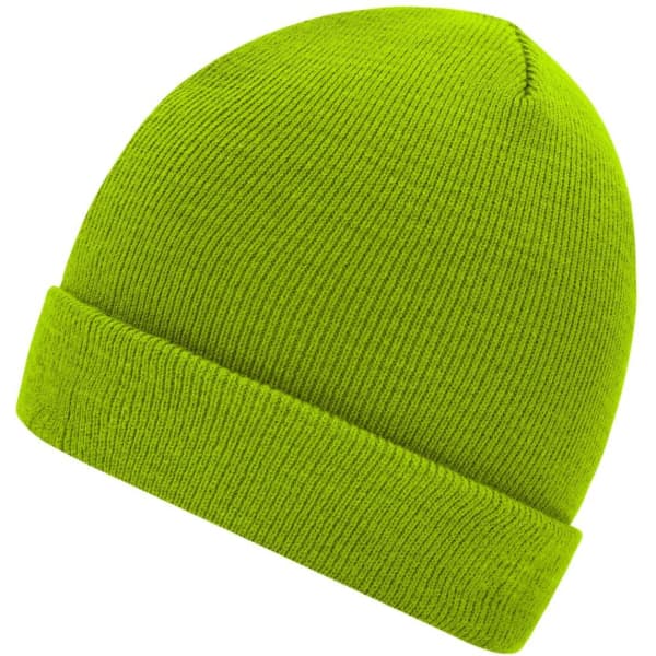 A knitted beanie in bright lime green, featuring a folded cuff and a simple design.
