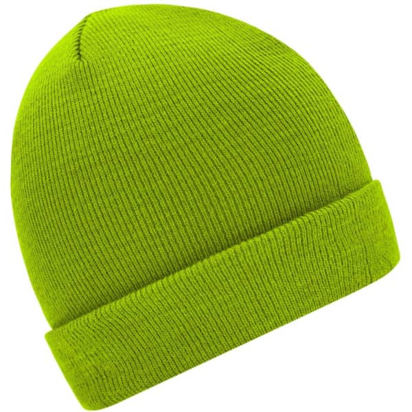 A bright green knitted beanie with a folded cuff and a smooth texture.