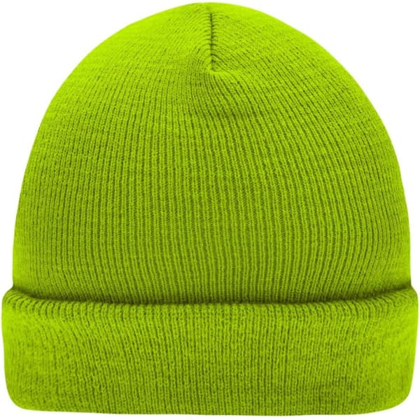 A knitted beanie in bright neon green, featuring a folded cuff and a smooth texture.
