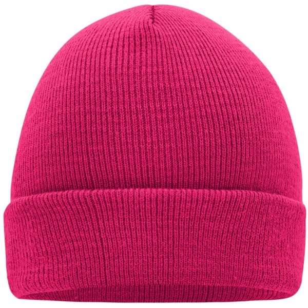 A knitted beanie in vibrant pink with a folded cuff and ribbed texture. Features a branding logo.