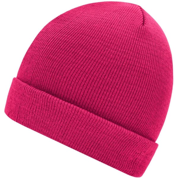 A knitted beanie in bright pink with a folded cuff and a smooth texture. It features a logo on the side.