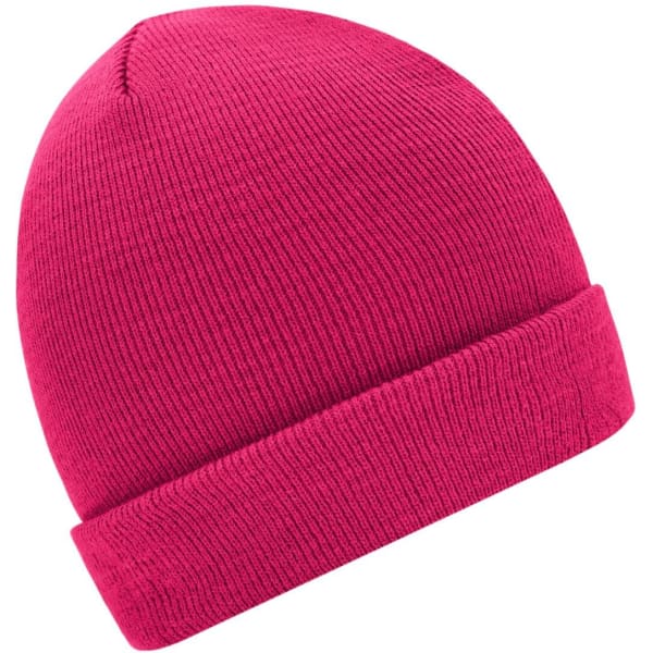 A pink knitted beanie with a cuffed design, featuring a logo.